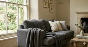 A charcoal grey organic cotton throw blanket styled over a modern fabric sofa in a classic British living room.
