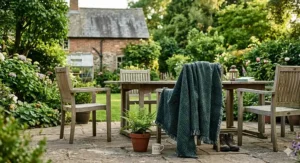 A dark green textured eco-friendly blanket draped over a wooden garden chair on a stone patio, with a traditional British brick cottage in the background.
