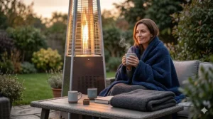 A person using a portable thermal fleece blanket while sitting at a garden patio heater in the evening.