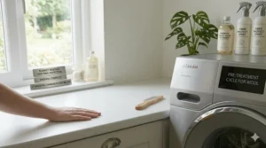 A smooth, bobble-free surface of a freshly washed blanket on a white worktop in a bright British utility room.