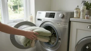 A laundry room setting showing wool wash detergent and a blanket being prepared for a pilling-resistant wash cycle.