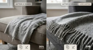 Side-by-side comparison of a bobbled cheap throw versus a smooth, long lasting blanket after years of use.