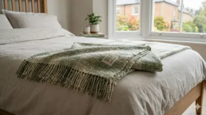 Two recycled material blankets in neutral tones layered neatly at the foot of a double bed.