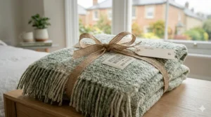 A folded recycled material blanket tied with a compostable jute ribbon, ideal for an eco-conscious gift.