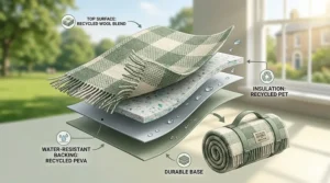 A water-resistant recycled material blanket spread out for a picnic on green grass in a UK park.