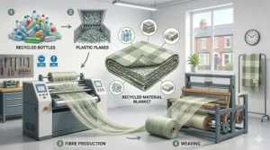 Graphic illustration showing the transformation of recycled plastic bottles into soft polyester yarn for eco-friendly blankets.