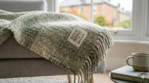 Close-up shot of the intricate weave of a soft blanket crafted from recycled wool and textiles.