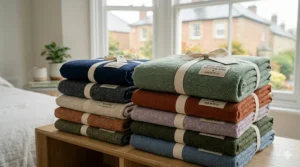 An array of recycled material blankets shown in various British-inspired colours like sage green, navy, and slate grey.