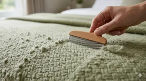 A hand using a wooden fabric comb to remove minor bobbles from a textured knit blanket to restore its smooth finish.
