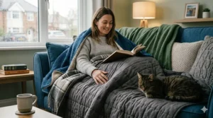 Illustration of a person wrapped in extra warm winter blankets to stay cosy while keeping home heating costs down.