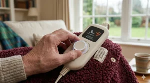 A photorealistic illustration of a self-heating thermal blanket for the elderly showing how body heat is reflected back to the user using a special foil lining.