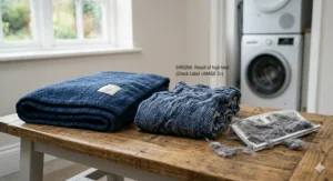 An illustration showing the difference between a ruined, shrunk blanket and a properly maintained tumble dryer safe blanket.