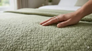 Close-up of a hand feeling the smooth, pilling-resistant texture of a high-quality basket-weave blanket.