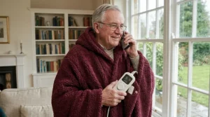 Close-up of high-quality burgundy sherpa fleece fabric on a thermal blanket, highlighting the soft texture and a British care label with a warmth rating.