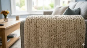 A thick, cable-knit machine washable throw blanket draped over the arm of a modern grey fabric sofa in a bright room.