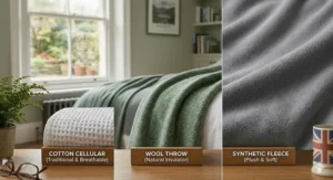 Comparison of cotton cellular blankets, wool throws, and synthetic fleece for thermal efficiency in a British home.