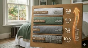 A chart comparing thermal blanket warmth levels to standard UK duvet tog ratings for winter bedding.