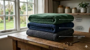 A stack of folded thermal fleece blankets in various British-inspired colours like forest green, slate, and cream.