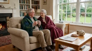 A technical diagram showing the multi-layer thermal insulation technology used in heat retaining blankets, featuring a heat-reflective foil membrane and soft-touch outer fabric.