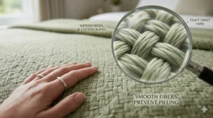 A magnifying glass showing the tight-twist yarn of a Merino wool blend blanket that prevents pilling and bobbling.