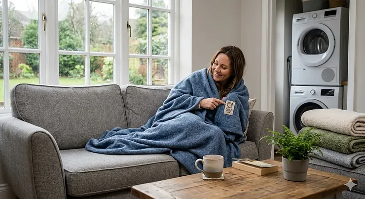 A person relaxing on a sofa wrapped in a thick, cream-coloured cotton blanket that is labelled as tumble dryer safe. tumble dryer safe blankets