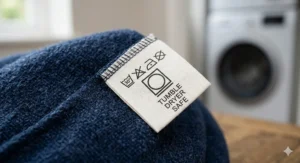 A close-up of a care label on a wool-mix blanket showing the square with a circle symbol, indicating it is tumble dryer safe.