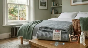 Icons and labels for washing and caring for thermal blankets to maintain their insulating properties over time.