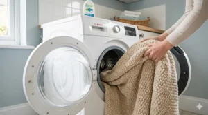 Close-up of a machine washable blanket being placed into a washing machine drum, showing the ease of cleaning home soft furnishings.