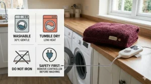 An elderly British man wearing a maroon wearable thermal blanket with sleeves and a hood while talking on a cordless phone in a bright room.