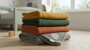 A stack of folded, wrinkle-resistant blankets in various autumnal colours, ready for storage in a linen cupboard.