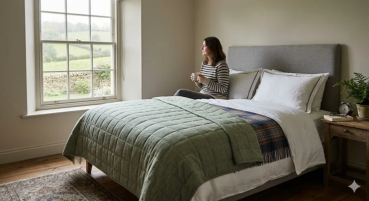 A luxury 4 season temperature regulating blanket in a modern British bedroom, styled over a white duvet for year-round comfort. 4 season temperature regulating blankets