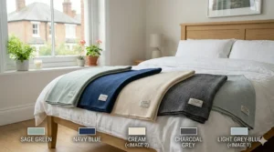 A variety of all season blankets in soft grey, navy blue, and sage green tones to match UK interior design trends.