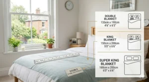 A size guide for all season blankets comparing UK double, king, and super king bed dimensions.