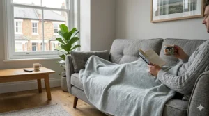A grey all season blanket draped over a modern sofa in a London flat, used as a decorative and functional throw.