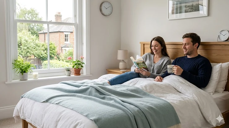 A cosy British bedroom featuring layered all season blankets on a king-size bed, styled for year-round comfort. all season blankets