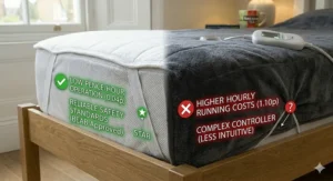 A comparison chart highlighting the features of a budget-friendly single electric blanket versus more expensive luxury models.