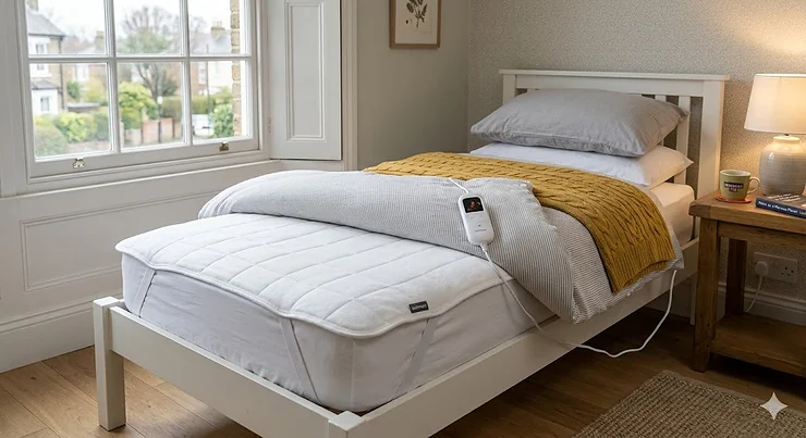 A single bed in a modern British bedroom featuring a white electric blanket layered under a duvet for affordable winter warmth. cheap single electric blanket