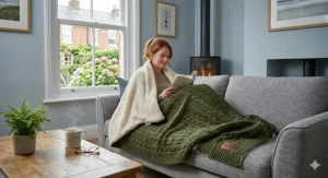 A close-up detail of a dual sided blanket showing the intricate green wool weave next to the fluffy sherpa fleece texture, highlighting its insulating layers.