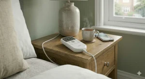 Alt text for image 7: A cosy bedside scene in a UK home featuring a dual control electric blanket handset and a hot mug of tea by a sash window.