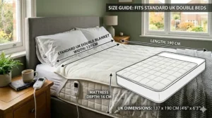 Size guide illustration showing the dimensions of a double electric blanket relative to a standard UK double mattress.
