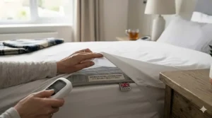 A person lifting a white duvet to show how an energy-efficient double electric underblanket fits securely beneath a fitted sheet.