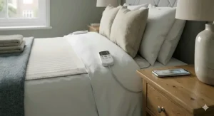 Alt text for image 2: Close-up of a white electric blanket controller on an oak bedside table next to a ceramic lamp in a natural light-filled British bedroom.