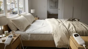 Close-up of the dual control interface showing independent heat settings for two people to customise their side of the bed.