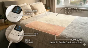 A technical illustration of a single electric blanket featuring separate heat zones for independent warmth at the feet and body.