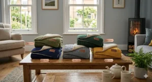 A selection of dual sided blankets in traditional British colours including Moss Green, Navy Blue, Slate Grey, and Ochre Yellow.