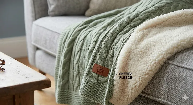 A high-quality dual sided blanket draped over a grey sofa in a British living room, showing the contrast between the soft green cable-knit wool and thick cream sherpa lining. dual sided blankets
