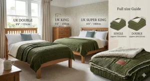 A photorealistic size guide showing dual sided blankets on UK standard double, king, and super king beds with dimensions in centimetres.