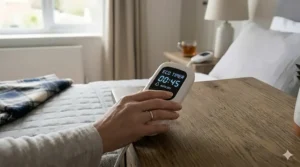 Illustration of a digital timer display on a double electric blanket showing the automatic eco-timer and shut-off energy-saving feature.