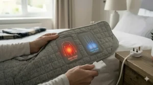 Technical drawing on a fabric texture highlighting the specific body and foot heat zones of a double electric blanket for improved efficiency.