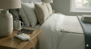 Alt text for image 6: Extreme close-up of the user-friendly digital interface on a dual control blanket handset, showing precise heat level adjustments.